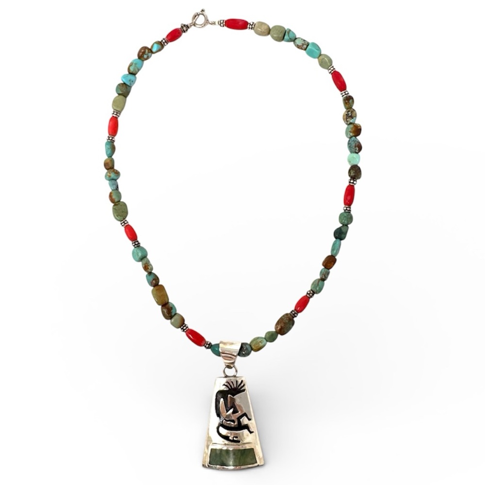 Vintage Navajo sterling silver Kokopelli, inlaid green Jasper, turquoise nklc